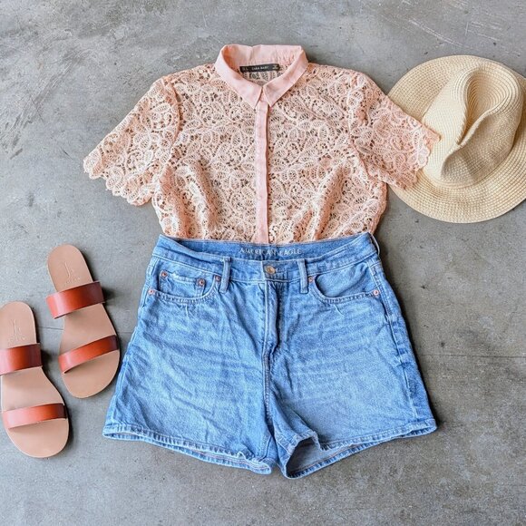 Zara Guipure Lace Cropped Collared Button Front Short Sleeve Shirt Orange small - Picture 1 of 10